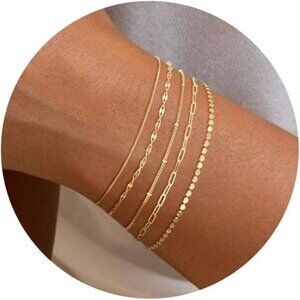 Gold Plated Stackable Bracelets Set CZ Tennis Paperclip Box Chain Jewelry